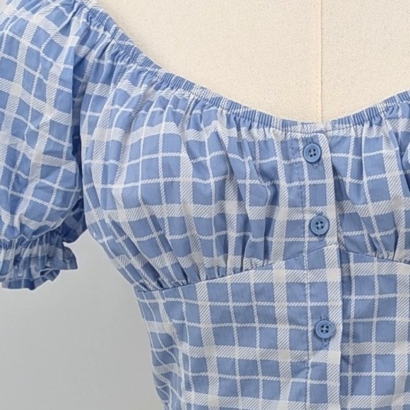 NWT Forever 21 Blue Gingham Puff Sleeve Crop Top Sz L‎ Cottagecore Coquette - Picture 7 of 10